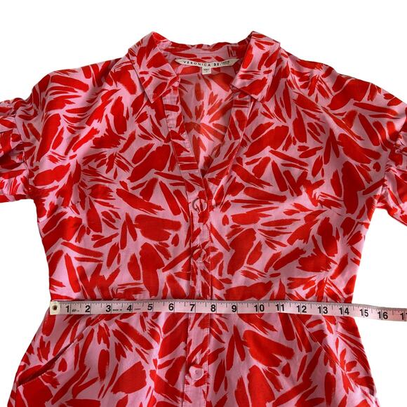 Veronica Beard Samy Red & Pink Poppy Floral Print Button Up Mini Shirt Dress 4 - Picture 7 of 12